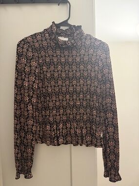 Sandro Black Long-Sleeve Smocked Floral Top with Blush Print